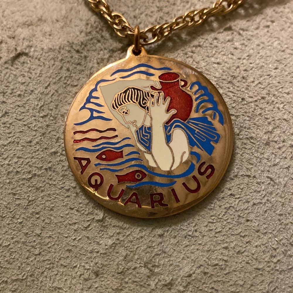 Vtg Cloisart Cloisonné Astrology Pendant Necklace Aquarius Sign